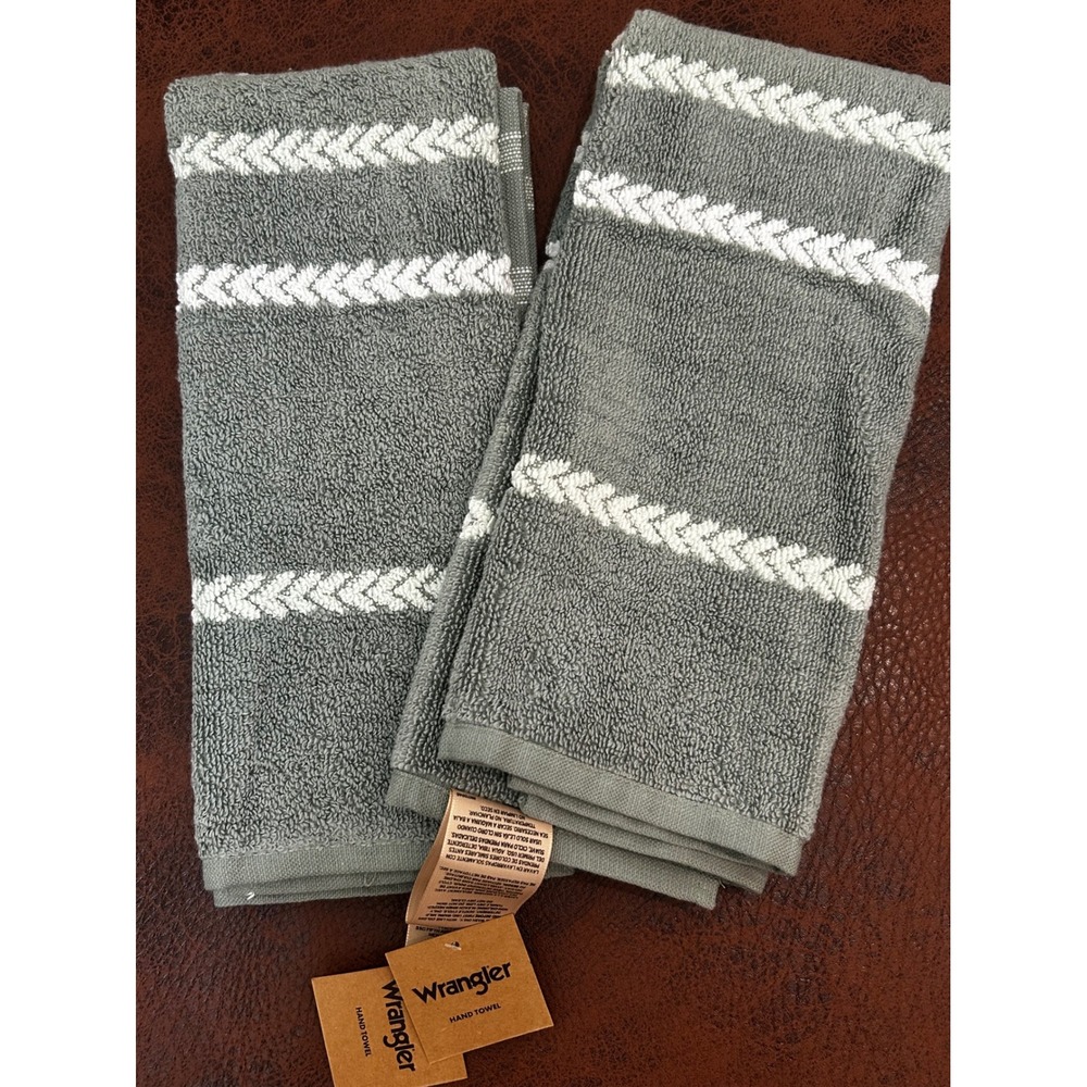 Wrangler Hand Towel Set of 2 Green White Chevron Stripe 100% Cotton 16x26‎ New